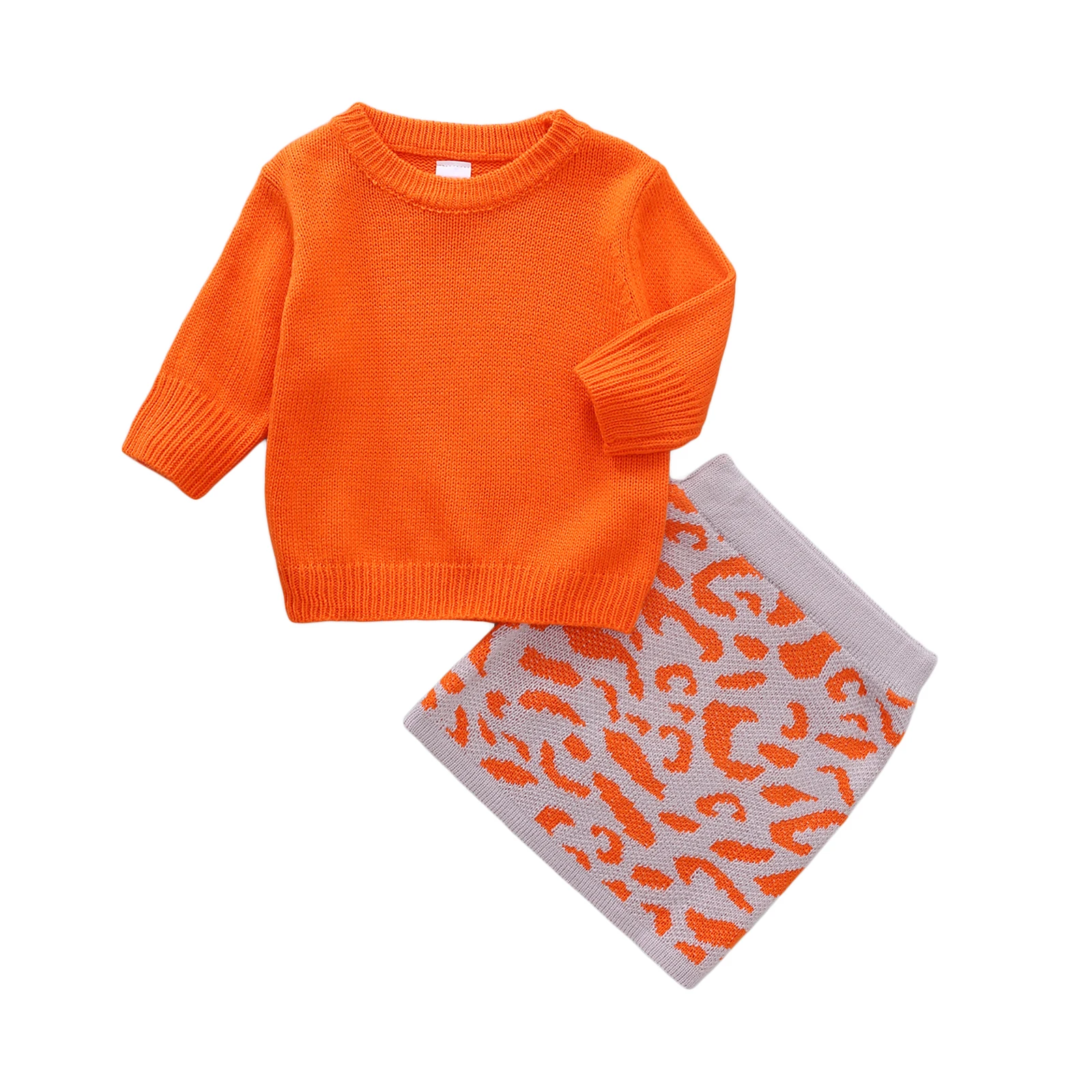 

2021 New Fashion Baby Girls Casual Two-piece Clothes Set Orange Solid Color Pullover and Elastic Waist Knitted Skirt 2-6Years