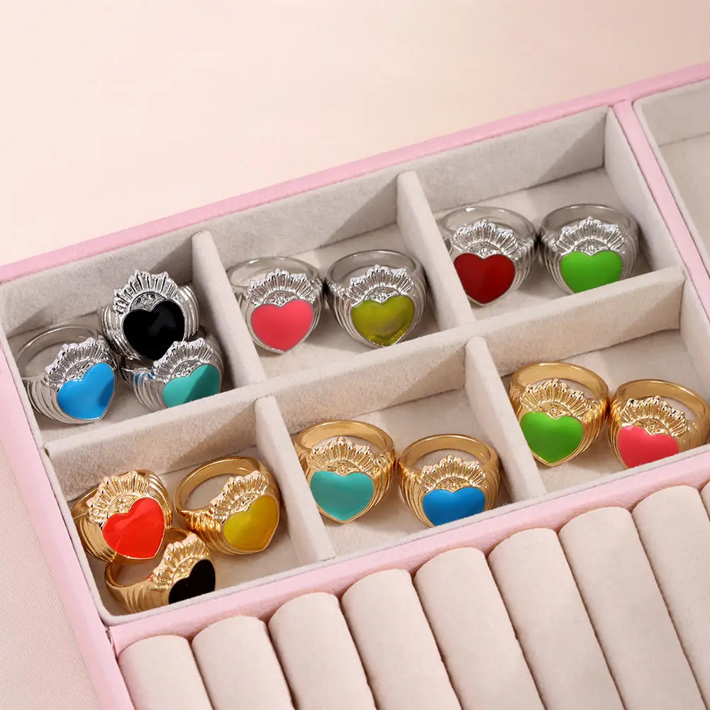 

Vintage Gold Silver Color Heart Rings for Women Cute and Colorful Crown Shape Chunky Finger Ring Female 2021 Trendy Jewerly Gift