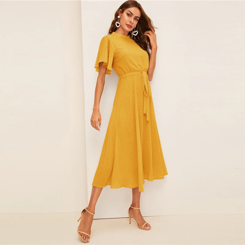 SHEIN платье с рукавами-крылышками в швейцарский горошек с поясом элегантное розовое Пастельное однотонное женское платье со стоячим воротником ТРАПЕЦИЕВИДНОЕ ПЛАТЬЕ С полурукавом