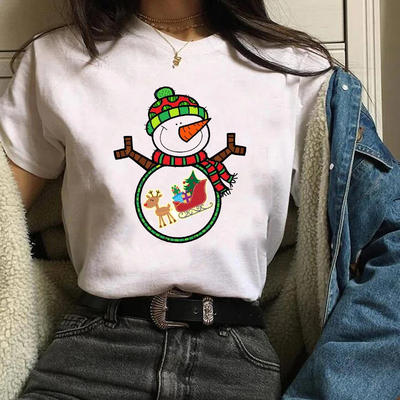 

Christmas Lovely Snowman Print Santa Happy New Year Women Casucal Simple T-shirts Loose Fashion Round Neck White Short sleeve