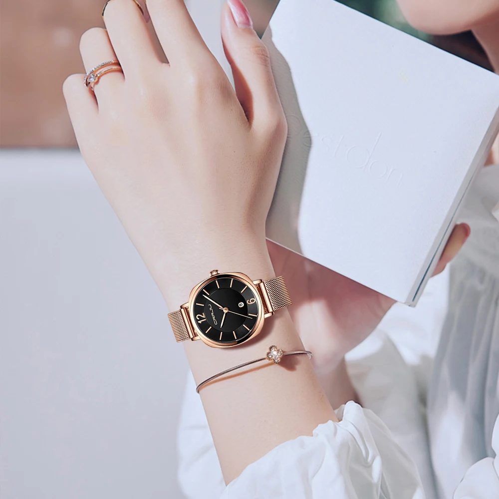 Часы CRRJU женские наручные кварцевые брендовые роскошные стильные с браслетом из