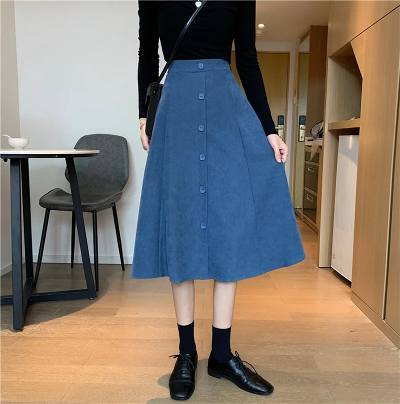 

Вельветовая длинная юбка для женщин, винтажная Женская осенне-зимняя трапециевидная юбка средней длины с высокой талией и зонтиком на пуго...