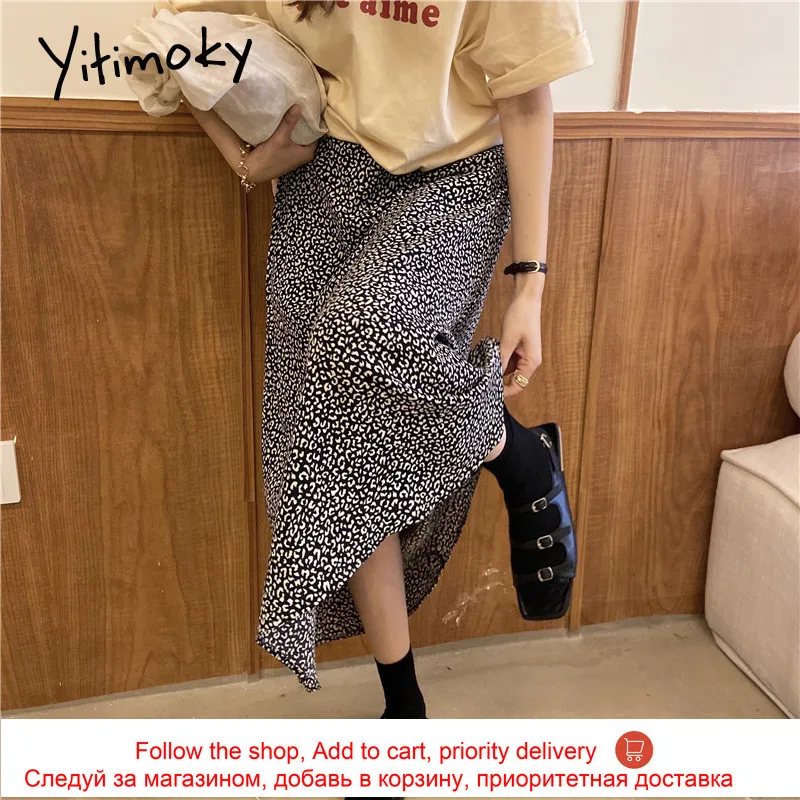 

Yitimoky Vintage Leopard Back Elastic High Waist Long Skirts Women A-Line Clothes 2021 Spring Summer Office Lady Korean Fashion