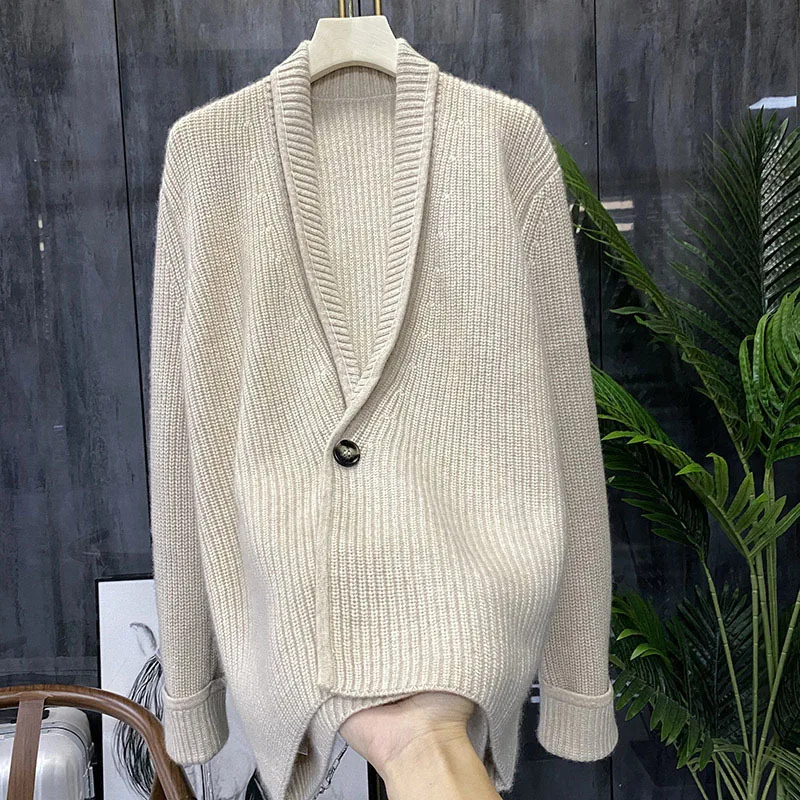 

Женский вязаный кардиган из смеси шерсти, толстый свободный свитер с V-образным вырезом, куртка большого размера для зимы, 2022