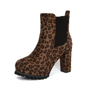 2021 Women Leopard Chelsea Boots Female Autumn Flock Ankle Boots Square High Heels Platform Shoes La
