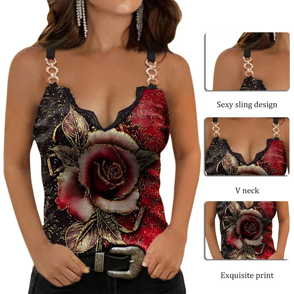 

Women's Top Female Corset Tank Crop Tops Spring Summer Clothes for Women Lace Sleeveless T-shirt Flower Pattern V neck Sling