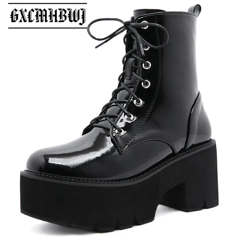 

Ботинки женские GXCMHBWJ, черные, из лакированной кожи, с круглым носком, на шнуровке, на массивной танкетке, в готическом стиле