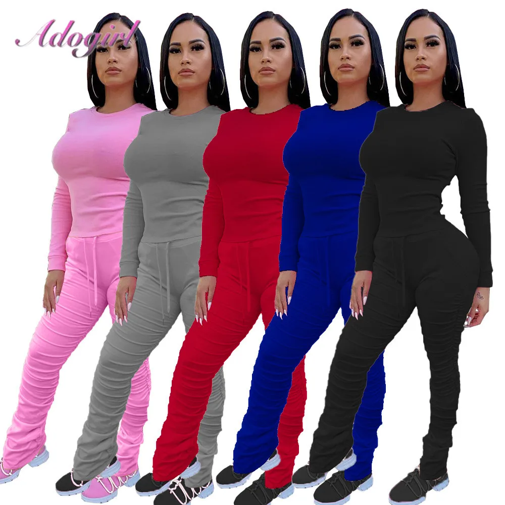 

Antumn Workout Two Piece Sets Solid Long Sleeve Crop Tops T-Shirt Bell Buttom Stacked Flare Pants Suit Outfit Sporty Tracksuit