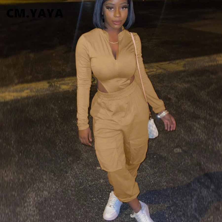 

Элегантный Повседневный Женский комплект CM.YAYA, боди с длинным рукавом и брюки-сафари, уличный спортивный костюм, комплект из двух предметов,...