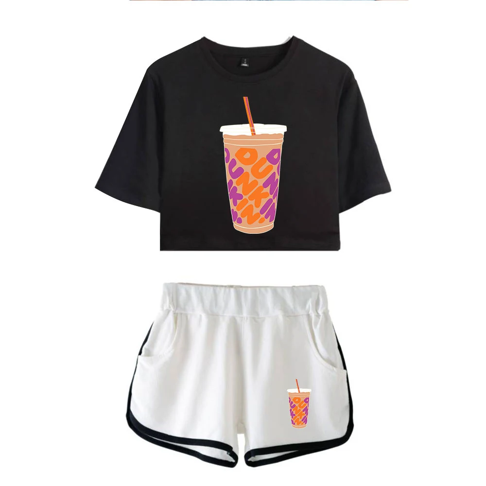 Charli Damelio Two Piece Set Summer Oversize Harajuku Shorts+Tshirt Women Suit New Ice Coffee Splatter 100% Cotton T-Shirt