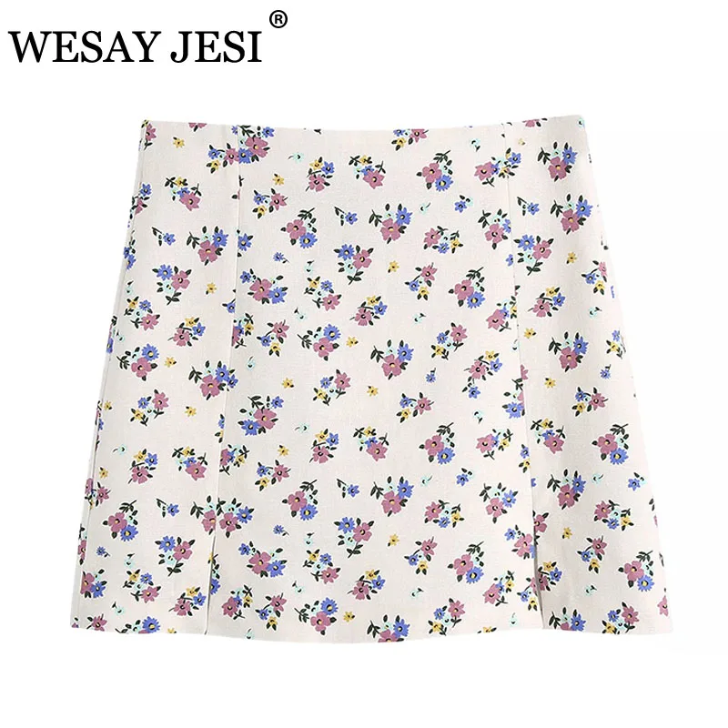 

WESAY JESI Women Clothes Skirt TRAF ZA Mini High-Waisted Skirt Fashion Elegant A-Line Flower Print Chic Slim Split Ladies Skir