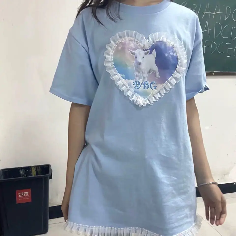 

Summer Japanese soft girl cute lace sheep Korean students loose mid-length short-sleeved T-shirt tops girlfriends