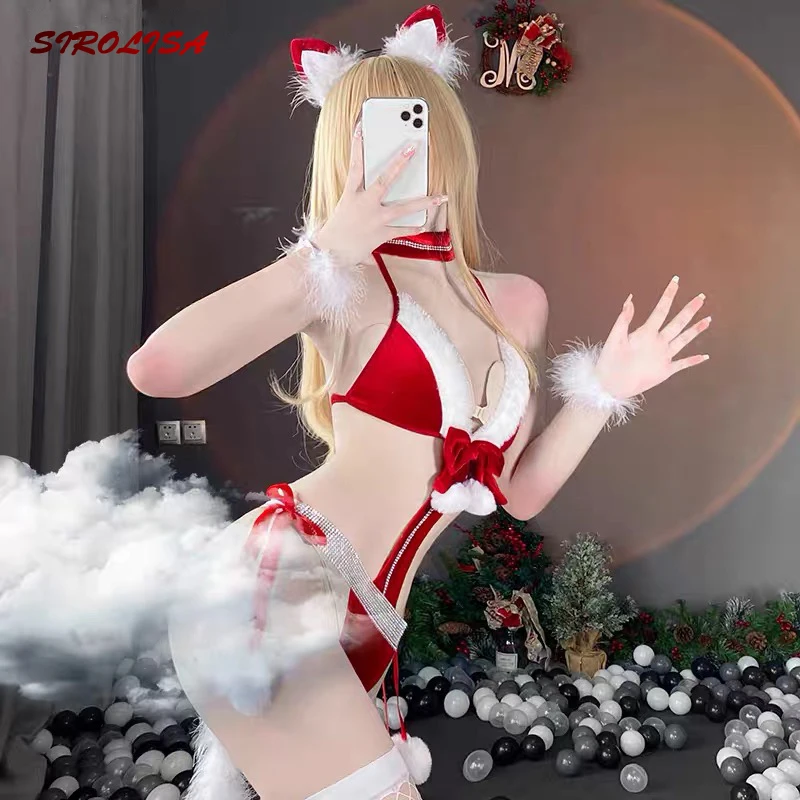 

Christmas Bodysuit Bikini Set Velvet Plush Women Backless Cute Bunny Girl Tempatation Bow Erotic Costumes With Cat Ear Cosplay