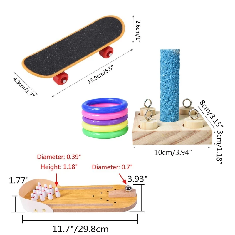 

Bird Training Educational Chewing Toys Set Mini Bowling Stacking Ring Skateboard