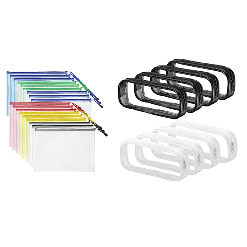 

18Pcs Plastic Mesh Zip Document Holder & 8 Pcs Clear PVC Pen Pencil Case with Zipper, Portable Transparent Pencil Bag
