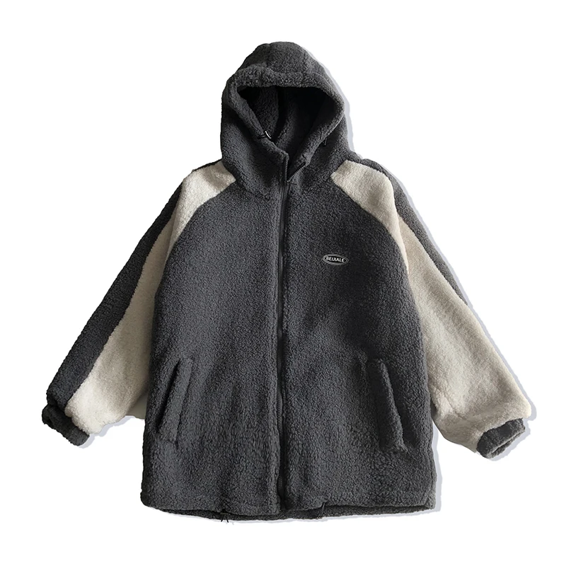 

Men Short Style Parkas Lambswool Thickening Loose Warm Coat Hooded with Zipper Appliques Korean Fashion Harajuku Casual Chic INS