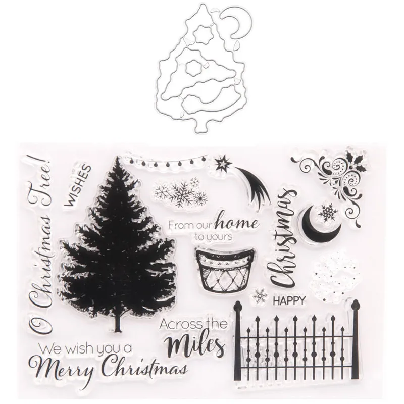 

Cutting Dies With Clear Stamp Of SnowflakeTree Moon Fence Handbooking Set dIY Scrapbooking Paper Embossing Stencil Painting Seal