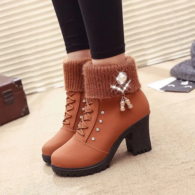 Ботильоны Женские теплые плюшевые зимние ботинки Зимние со шнуровкой Модные