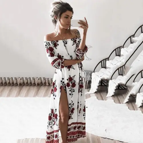 

Women Boho Floral Sexy Off Shoulder Maxi Sundress Kaftan Beach Party Dress