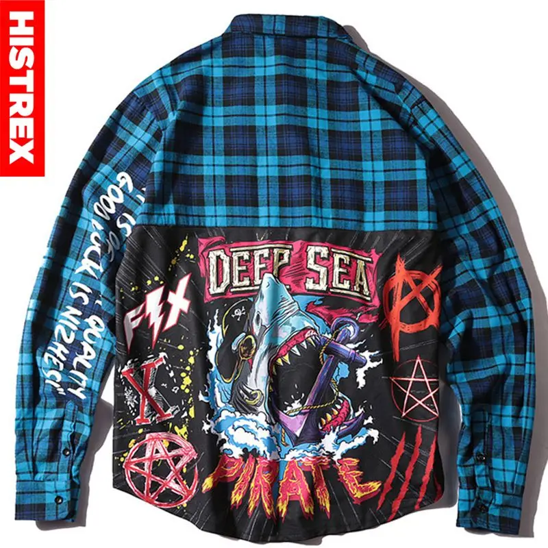 HISTREX платье в клетку рубашка для мужчин стиле хип хоп с принтом акулы куртка