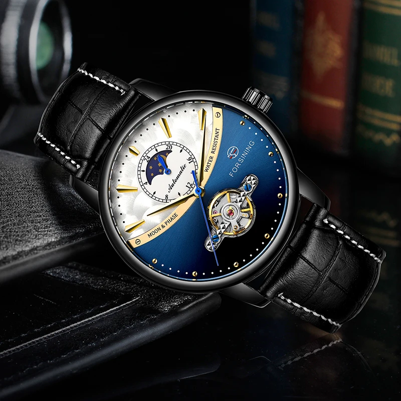 Forsining Tourbillon автоматические мужские часы Moonphase синий дизайн натуральная кожа