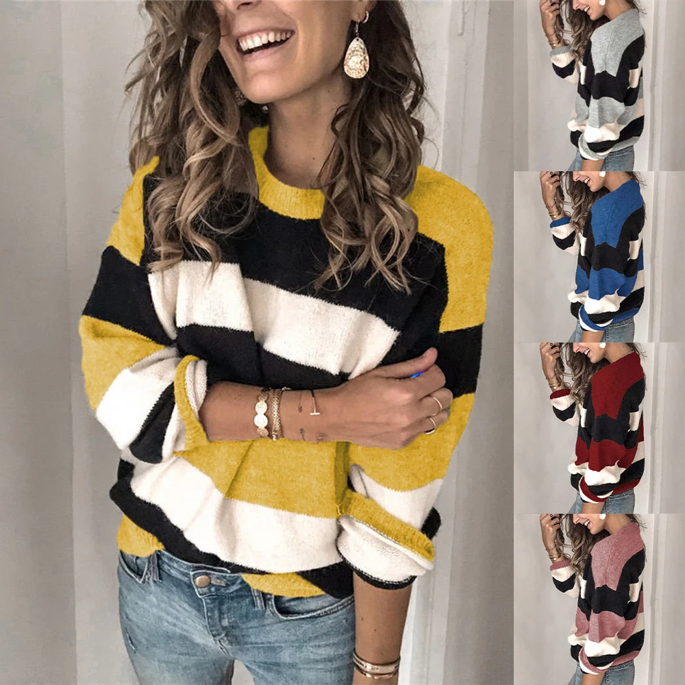 

Ladies Tops Jumper Women Blouses Long Sleeve Pullover Striped Printed Autumn Spring O-Neck Tshirt Blouses Sweater