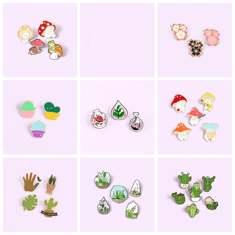 

2-6PCS/Set Plant Brooches for Women Men Cactus Mushroom Flowers Enamel Pin Bag Lapel Pin Cute Metal Badge Jewelry Gift Wholesale