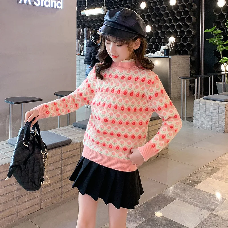 

Winter Sweaters For Girls Thick Warm Children Clothing Flower Half Turtleneck Sweaters Kids Bottoming Shirts 2-12 Years Tops