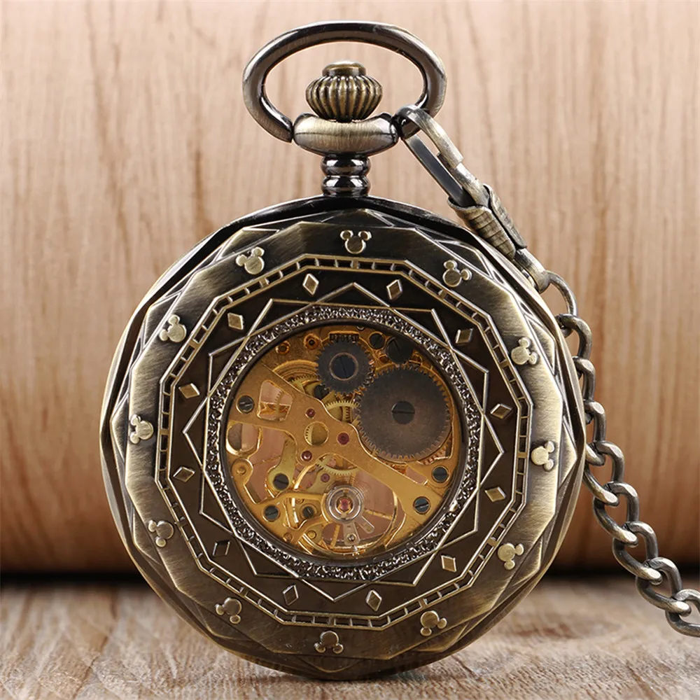 Open Face Roman Numerals Display Bronze Manual Mechanical Pocket Watch Transparent Skeleton Pendant Hand Winding Pocket Clock