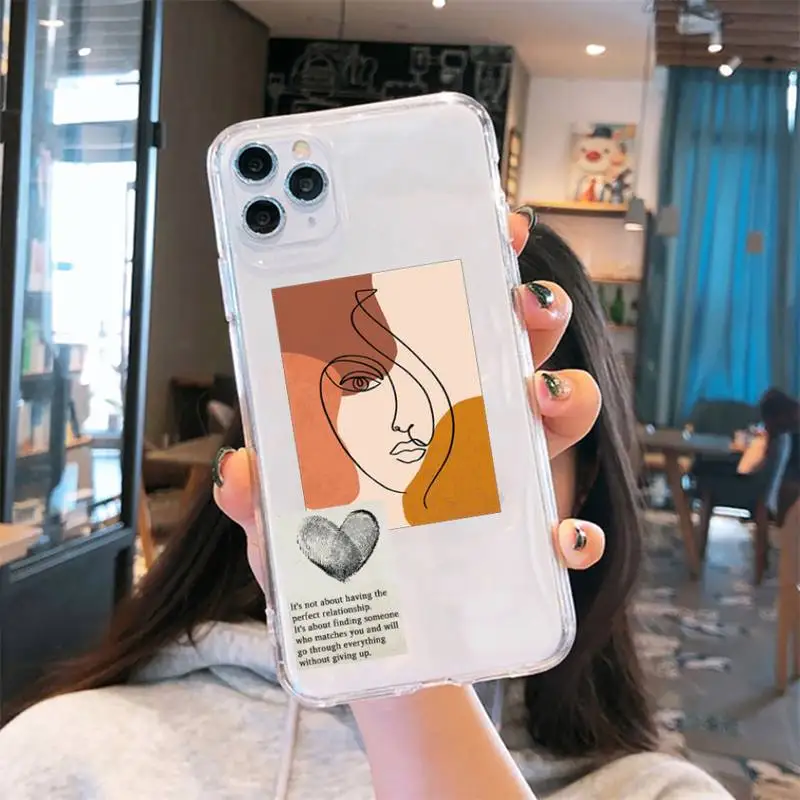

Artistic Face Letter Phone Case Transparent for iPhone 6 7 8 11 12 s mini pro X XS XR MAX Plus cover funda shell