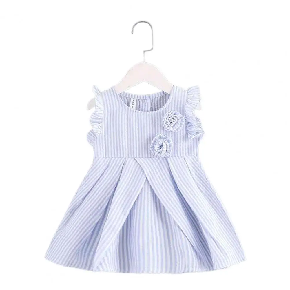 

Round Neck Pleated Children Girls Button Placket Dress Kids Flower Decoration Wide Hem Summer Dresses Casual Vacation Dressing
