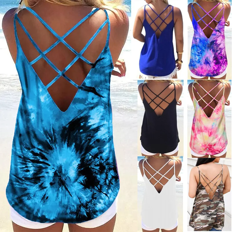 

New print tie dyed solid color sexy backless cross cut women's suspender vest