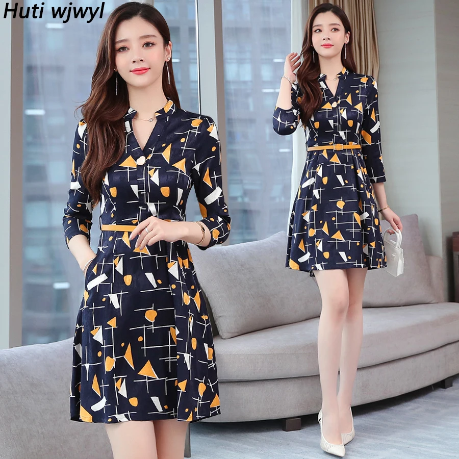 Vintage Print Chiffon Long Sleeve Mini Dress Autumn Winter Chic Plus Size Women Bodycon Dress Elegant Femal Party Vestidos