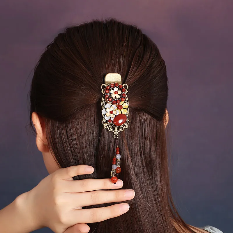 Винтажная Классическая заколка для волос с красными бусинами из натурального