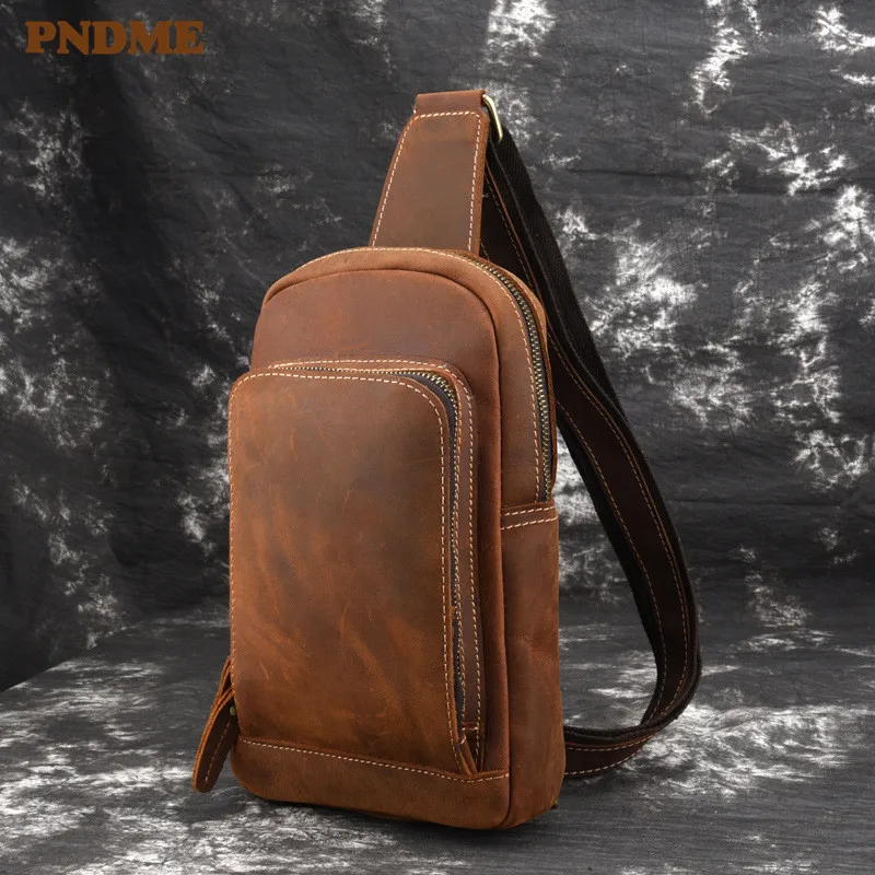 PNDME simple retro genuine leather men's chest bag luxury crazy horse cowhide messenger bags outdoor ipad phone shoulder | Багаж и