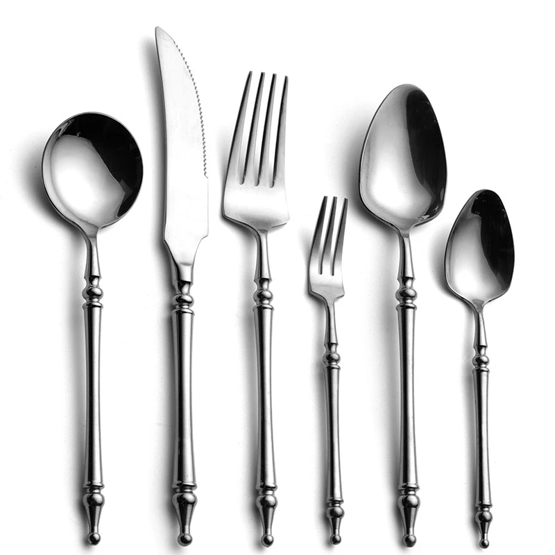 

European Vintage Silver Cutlery Luxury Stainless Steel Dinnerware Set Tableware Set Dinner Knife Dessert Fork Coffee Spoon Set