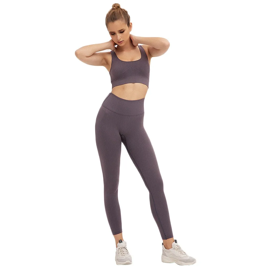

2021 New Seamless Solid Gym Set Women Fitness Yoga Set Sports Suits High Waist Leggings+Push Up Bra 2 peice Set Sportswear