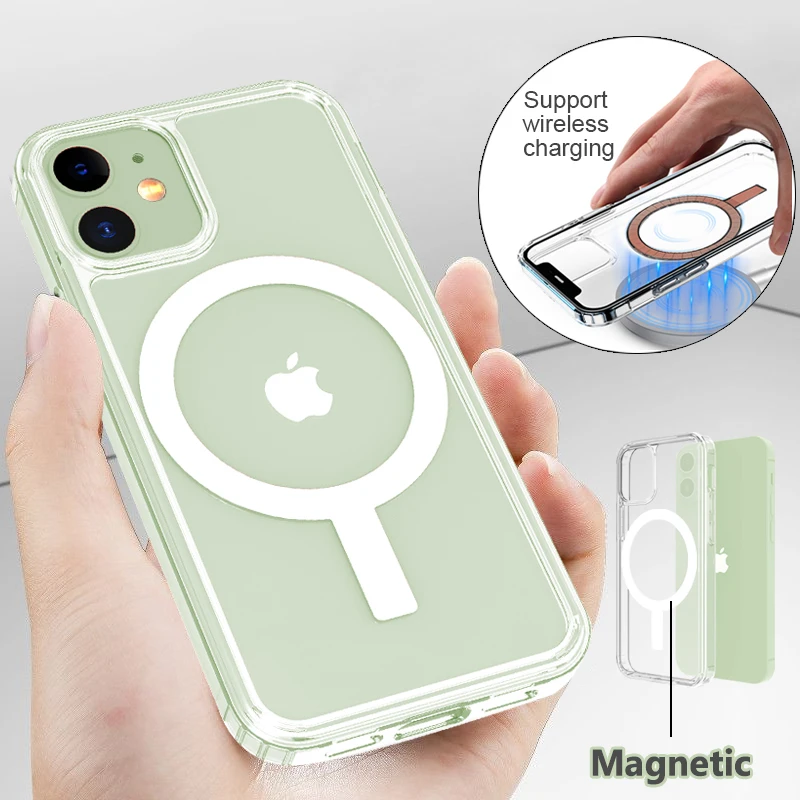 

Transparent Magnetic Case For Iphone 12 Pro Max Mini 11 XR XS Max 8 8P SE2020 Case Support Wireless Charging PC TPU Back Cover