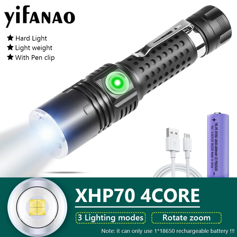 

XHP70 Glare LED Flashlight with ZOOM USB Rechargeable 3 Modes Super Bright Floodlight/Spotlight Waterproof Torch Outdoor Sports