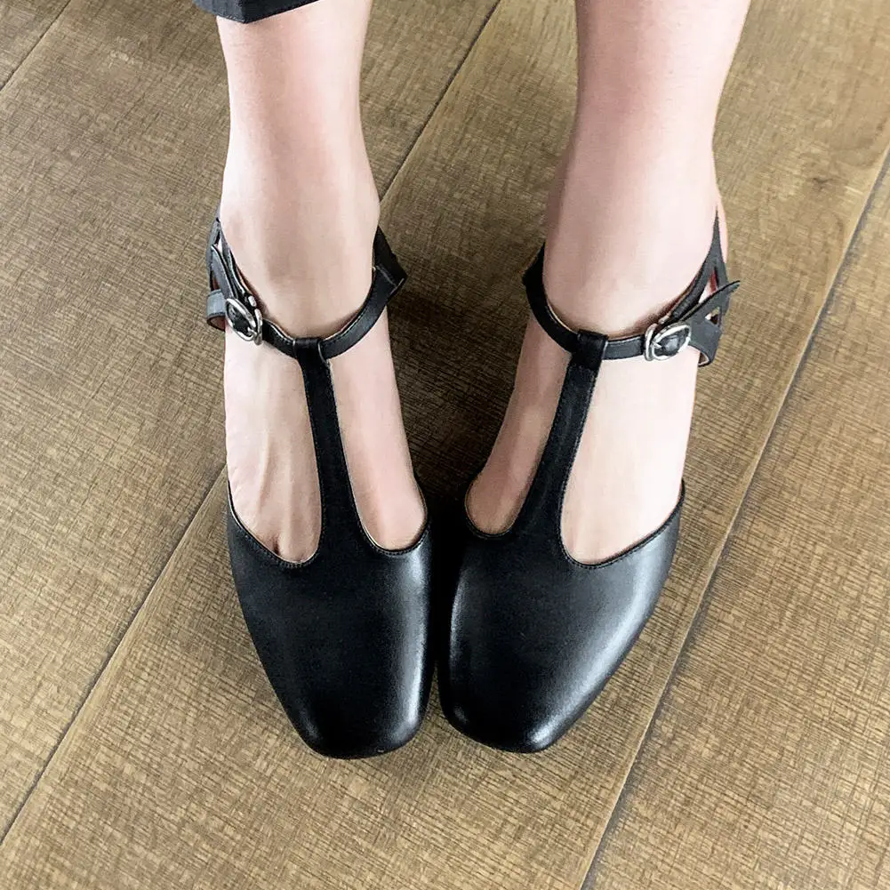 

KARINLUNA Genuine Leather Fashion Lady T Strap Office Sandals Round Toe Solid Low Heel Casual Office Women Sandals Women Shoes