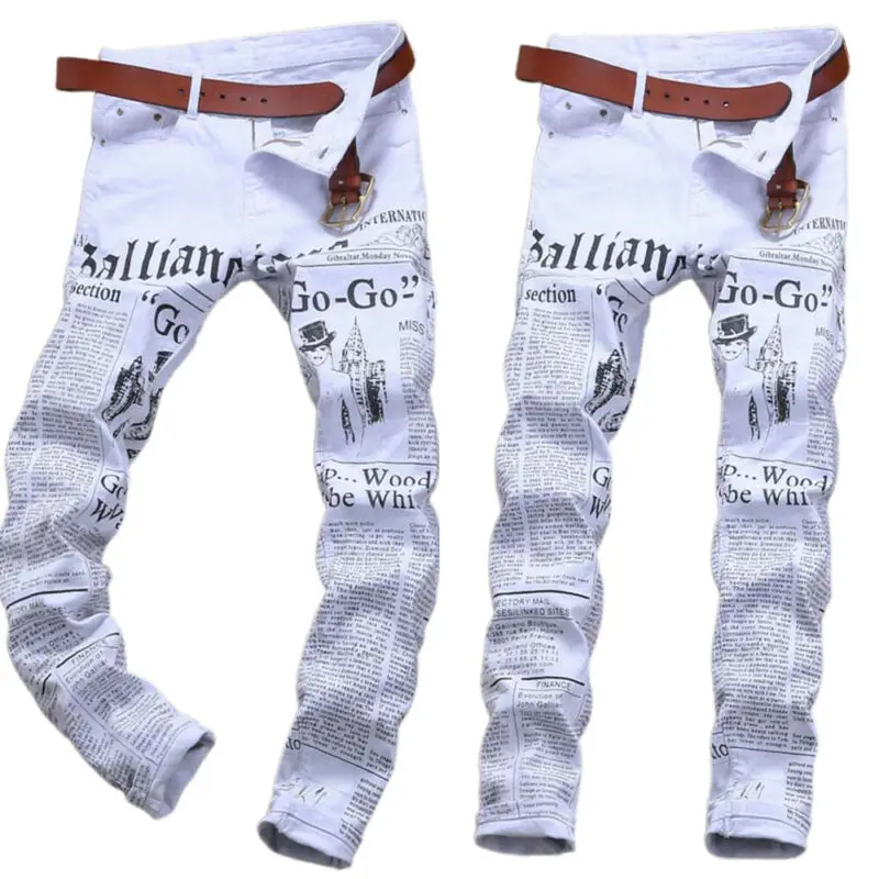 

Mens Ripped Jeans White Newspaper Print Slim Fit Long Pant Distressed Trousers