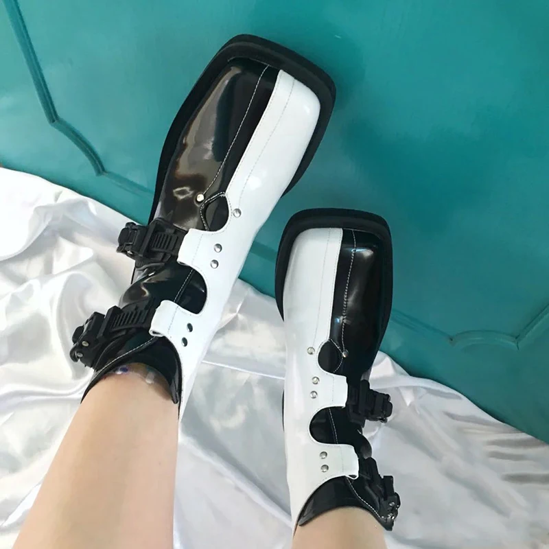 

Women's Mixed Color Low Heels Black White Square Toe Shoes Buckle Fashion N154