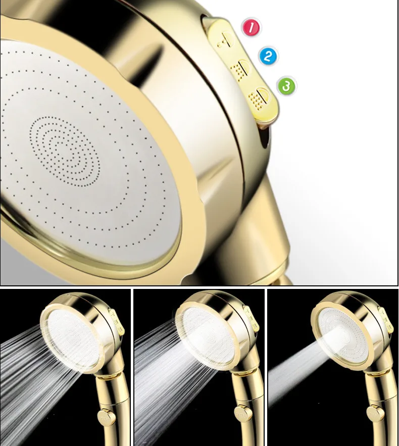high pressure bathroom shower head 3 function adjustable powerfull boosting spray bath water saving rain shower head golden free global shipping