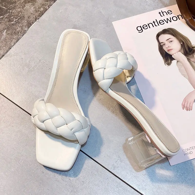 

Solid Woven PU Leather Women Slides Designer Transparent Square Heel Shallow Slippers Fashion Classic Non-Slip Wearable Sandals