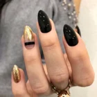 Накладные ногти со съемной овальной головкой, 24 шт., зеркальная черная и Золотая пудра, носимые накладные ногти с полным покрытием, накладные ногти для нейл-арта, накладные ногти