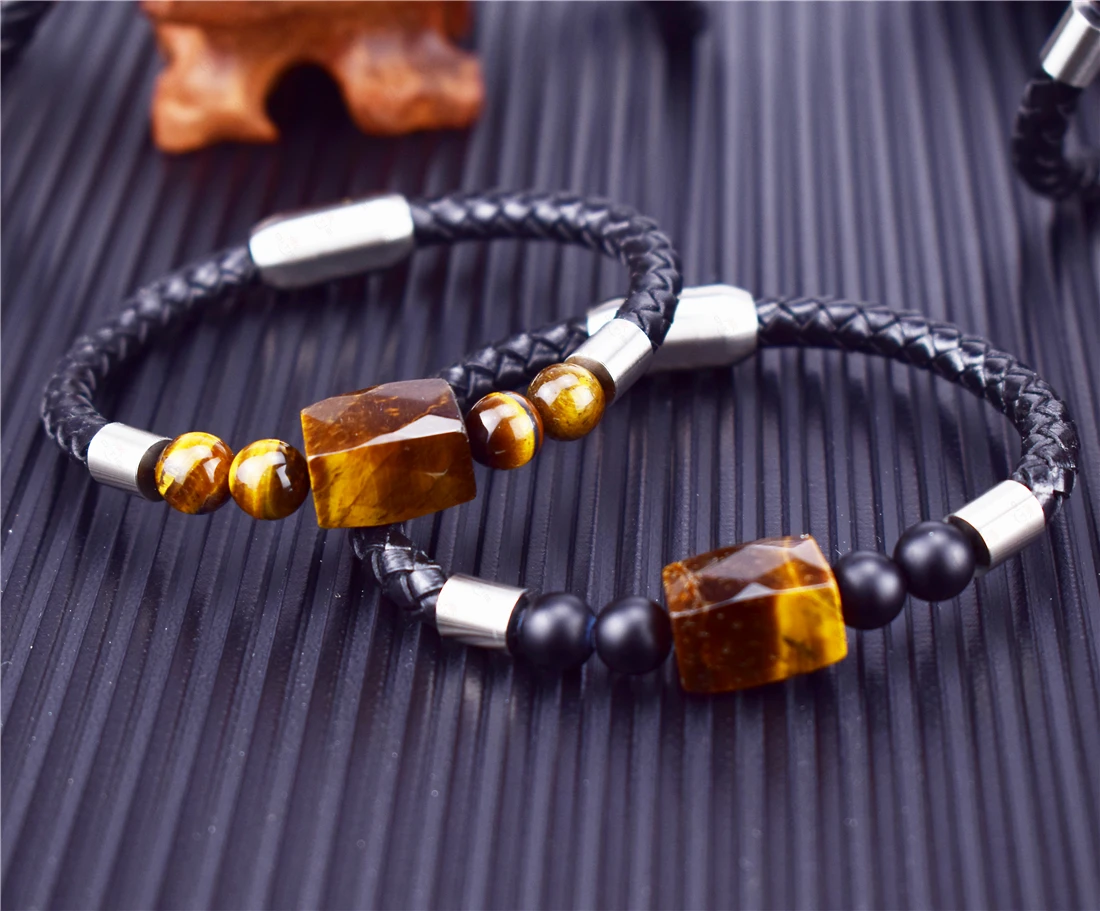 

Unique Men Bracelet Rope Stainless Steel Magnetic Natural Stone Leather Beaded Braclet Tiger Eye Stone Bangles Punk Jewelry Gift