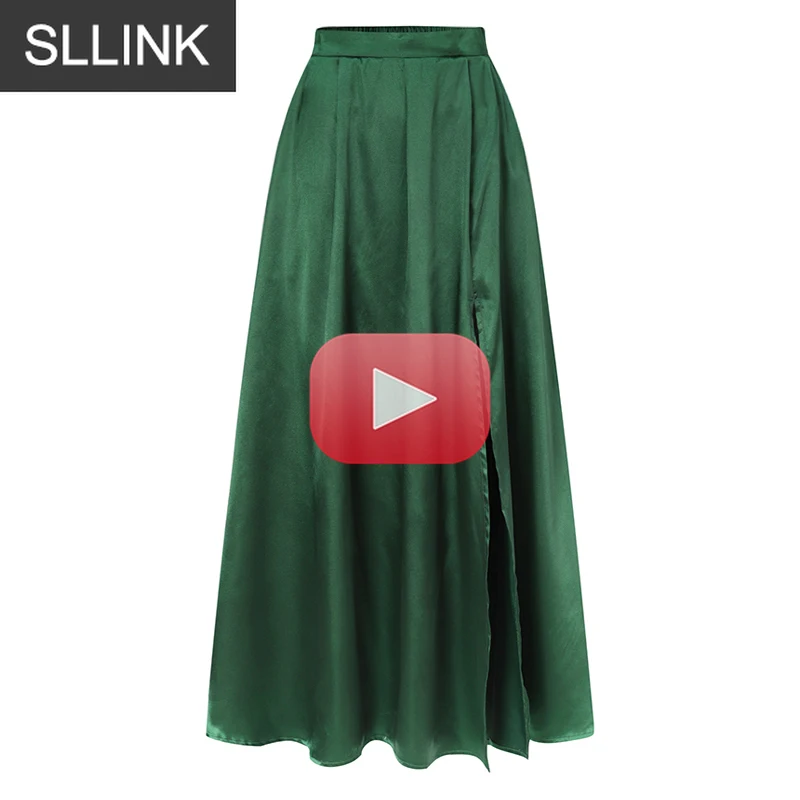 

Women Maxi Skirts Party Split Hem Satin Skirt Fashion Elegant Evening Elastic High Waist Casual Pleated A-line Skirt vintage