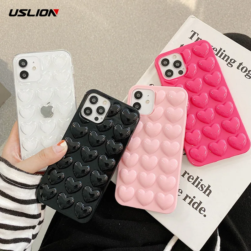 

USLION Cartoon 3D Love Heart Candy Color Phone Case for iPhone 12 11 Pro Max XS Max XR XS 7 8Plus Soft Solid Silicon Back Cover