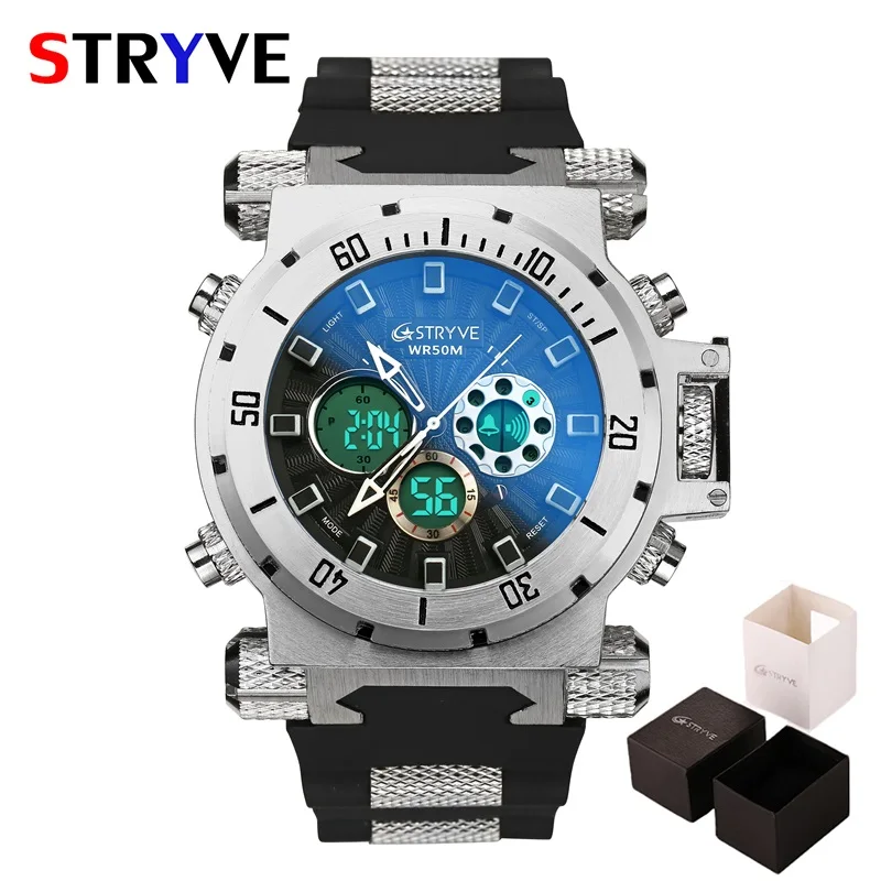 Silver Black Box Модные мужские военные спортивные часы, мужские s светодиодный цифровой водонепроницаемый кварцевые часы, мужские часы с большим циферблатом и двойным дисплеем, мужские часы - Цвет: Silver Black Box