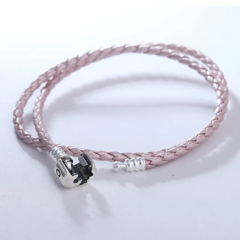 

Pearl Pink Leather Bracelet With Silver Clasp Fits Sterling Silver Original Charms & Beads For Woman DIY Jewelry Making